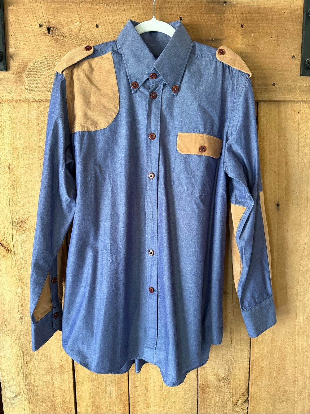 Hadleigh’s Denim Dress Shirt with Corduroy Patches Excellent Condition